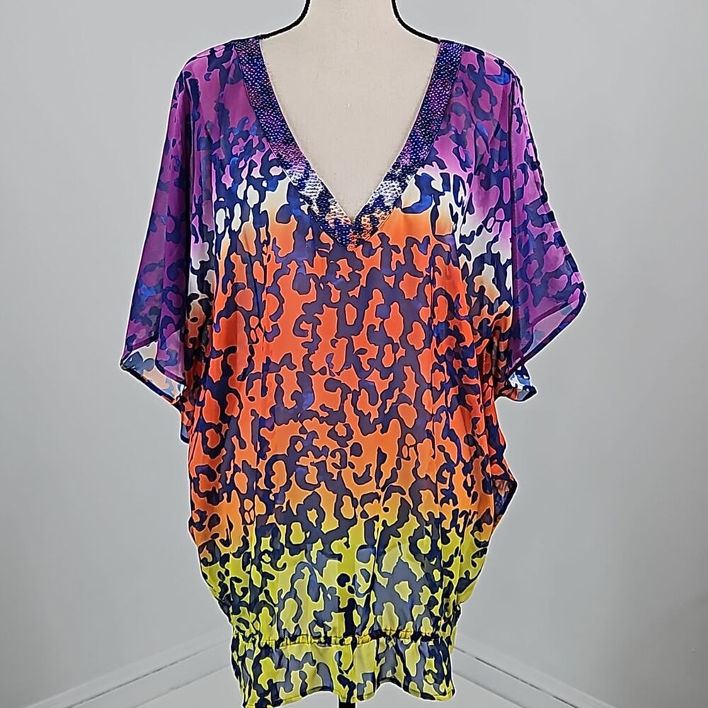 Lane Bryant Sheer Chiffon Multicolor Print Tunic Kaftan Blouse Plus Size‎ 16